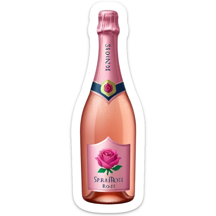 bottle of sparkling rosé with a rose logo on the label, angled to the left, no glass sticker