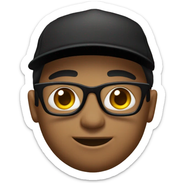 Un chico de piel natural con gorra negra, cabello negro, lentes y una remera negra con mangas cortas sticker