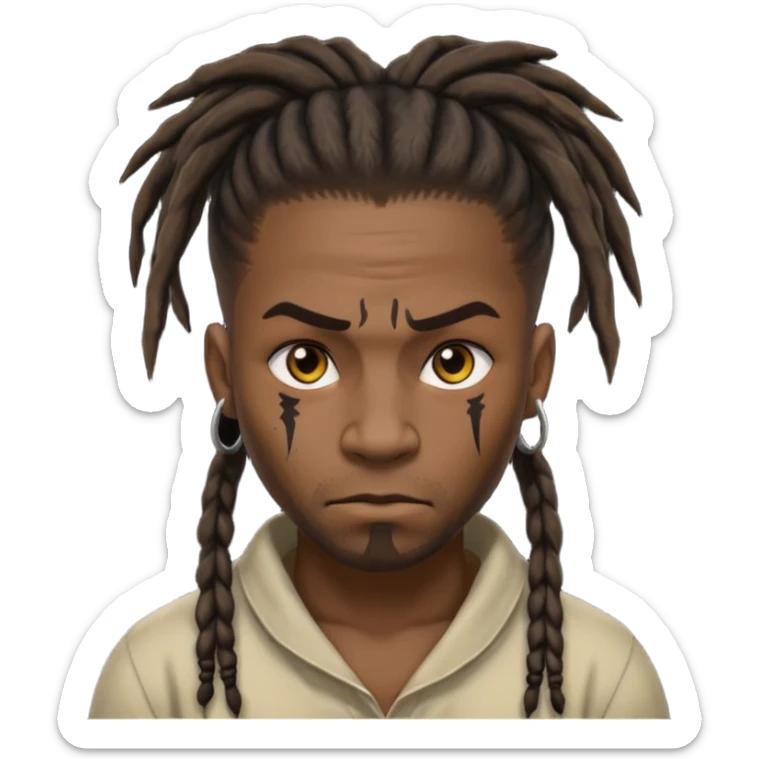 
1 black man, fierce face, scar on face, dreadlock hair tied back emoji
 sticker