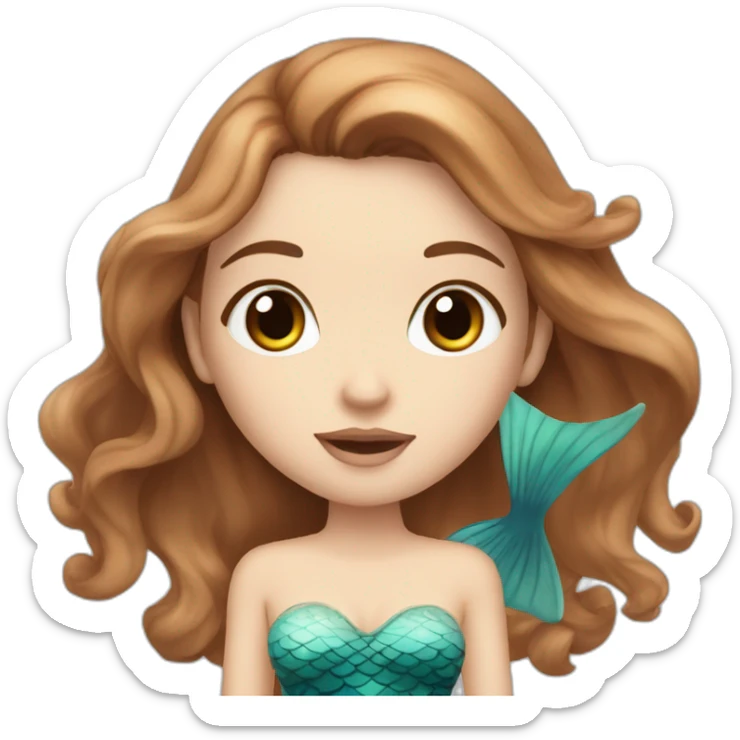 White girl with black eyes and long brown hair with a dreamy fish or mermaid looking face sticker