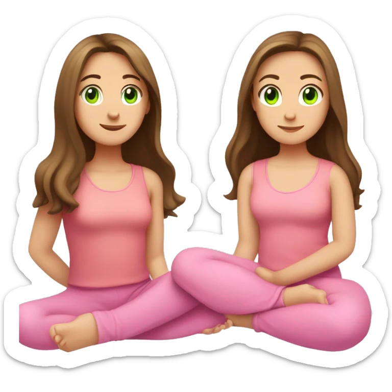 A girl with brown long hair, fair skin and green eyes is sitting in a lotus position in a pink top and pink leggings sticker