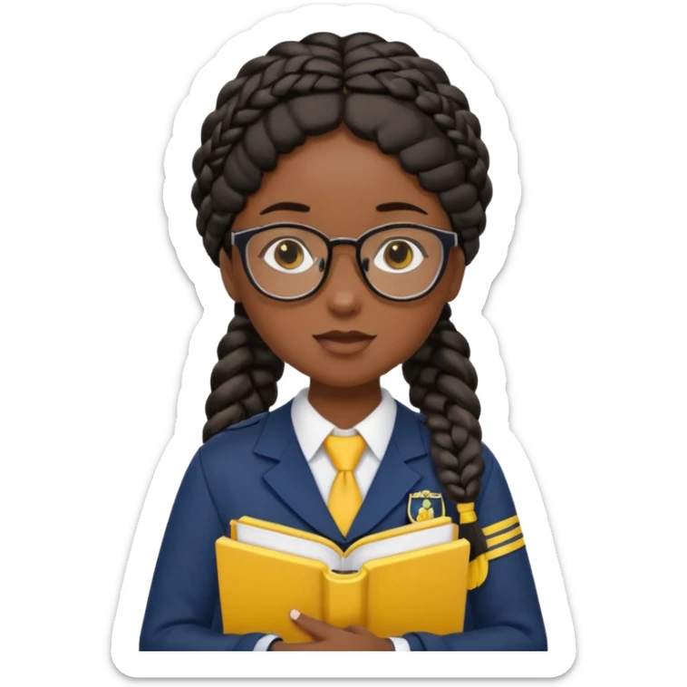 Girl student wearing uniform, glasses, hold yellow book in front of their chest, black braided hair, dark skin sticker