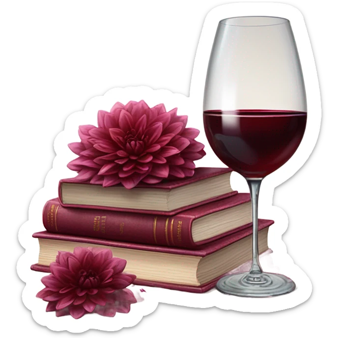 A deep red pile of books with classic dahlias and a spilled wine glass sticker