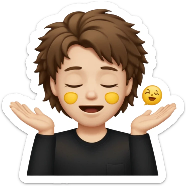 front emoji of a white boy with large brown hair, semi-closed eyes, wide open mouth, black shirt, playful emoji style, exaggerated hair sticker
