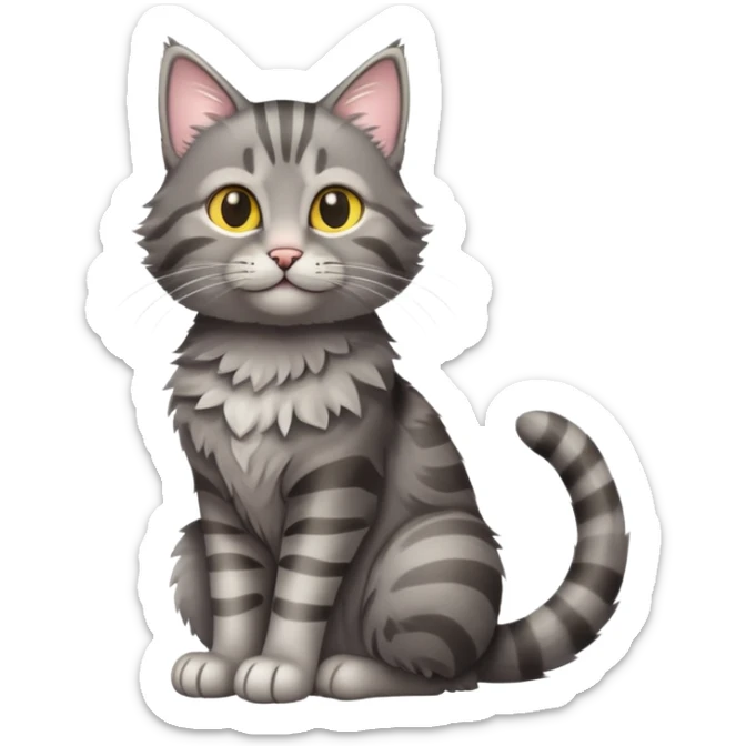 cinematic-[grey tabby cat]-realistic-full-body-sitting-emoji,-tail-curled-playfully-around-its-paws,-head-tilted-dramatically,-scruffy-[grey]-fur,-simplified-yet-realistic-focused-features,-highly-detailed,-glowing-with-an-almost-sarcastic-glow sticker