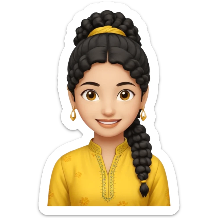 smiling fair Indian girl, black curly ponytail, yellow kurti, standing sticker