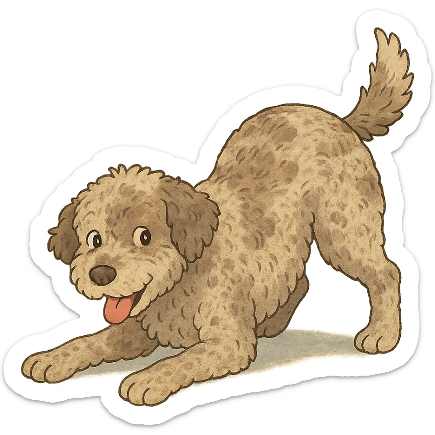 playful pose Lagotto Romagnolo dog, roan coat, gentle lighting, ghibli style sticker