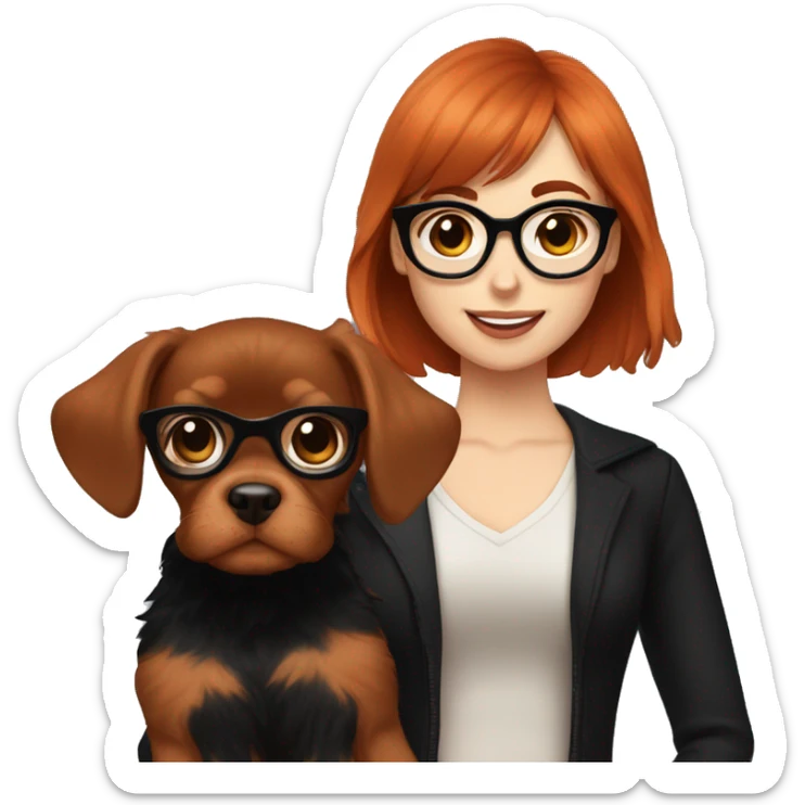 Auburn red-haired girl with bangs and short hair and black glasses and black clothes holding a Cavalier puppy sticker