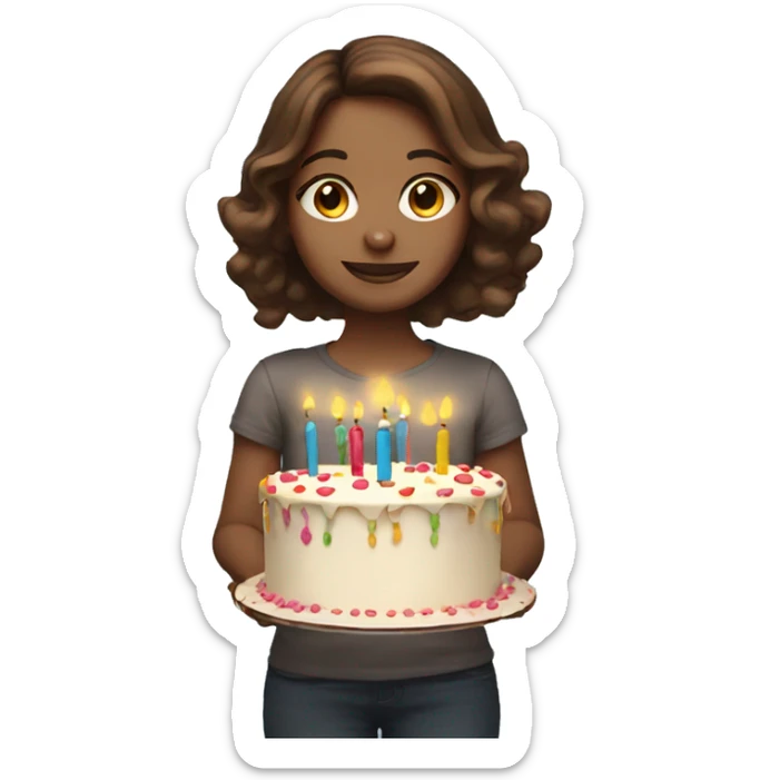 a brown hair girl holding a birthday cake and balloons sticker