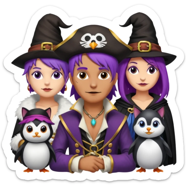 Um homem vestido de pirata,um gato de mágico,uma mulher de cabelos roxos e um pinguin vestido de bruxa sticker
