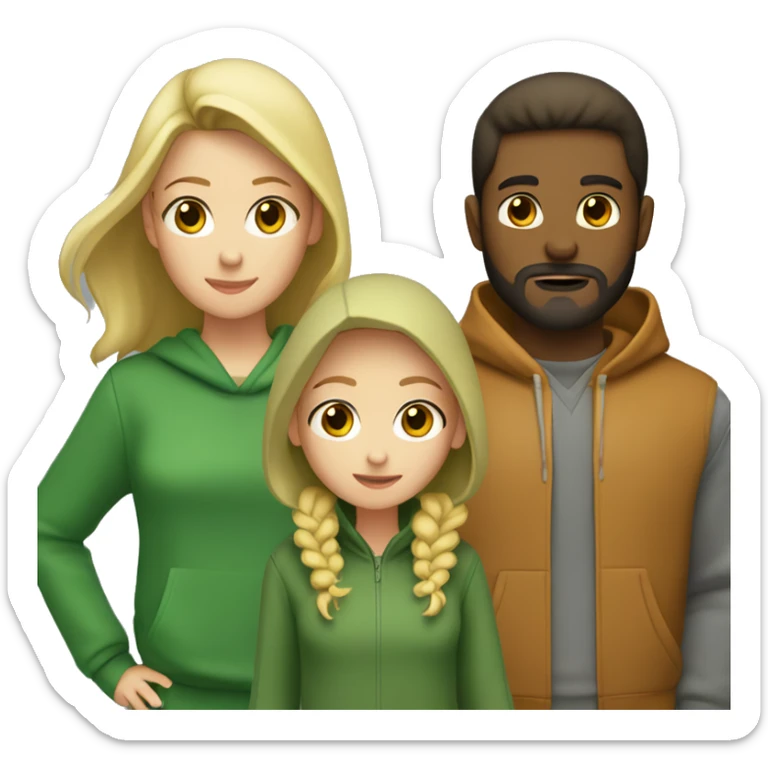 two girls and one guy. one of the girls is a blonde in a green sweater, the other has brown hair and wear gray hoodie, in the middle is a guy with dark hair and a beard sticker