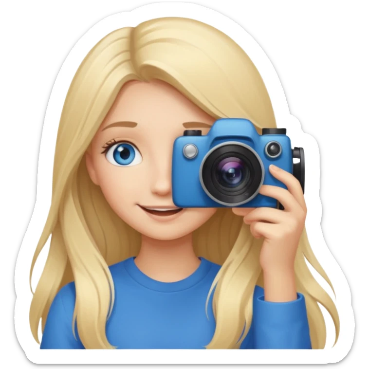  blue eyes blonde girl photographer cartoon taking picture in middle of taking picture camera in front of face long hair smiling funny flash professional, camera in front of face sticker