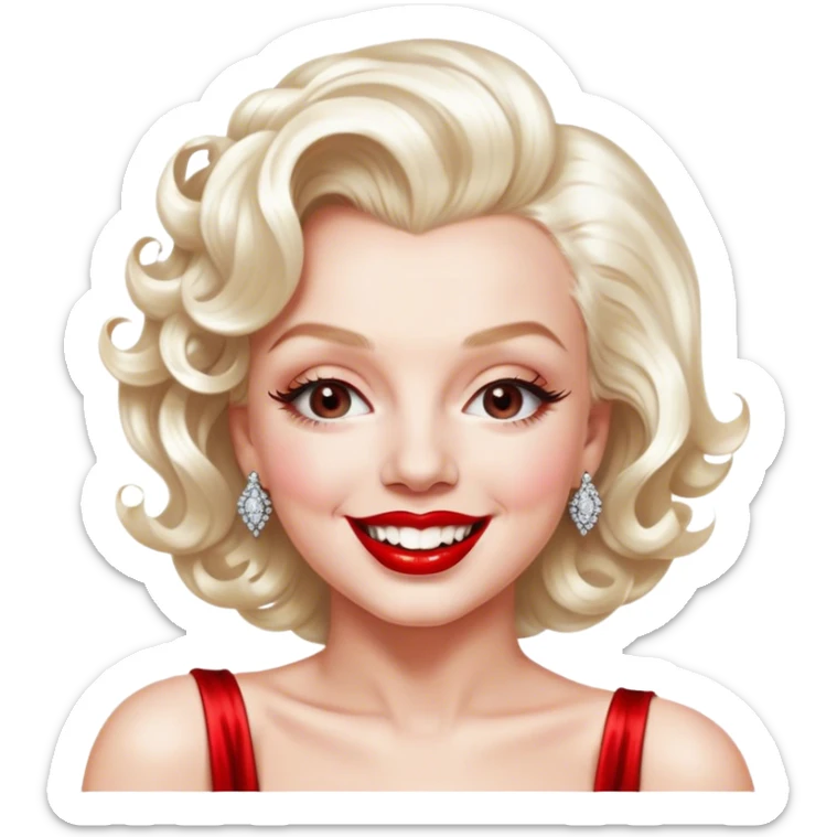 Cinematic Realistic Marilyn Monroe Emoji, featuring a glamorous, high-detail portrayal of the legendary Hollywood star. Her iconic platinum curls, radiant smile, and signature red lips are illuminated by dramatic, vintage-style lighting, evoking the timeless allure of classic cinema. sticker