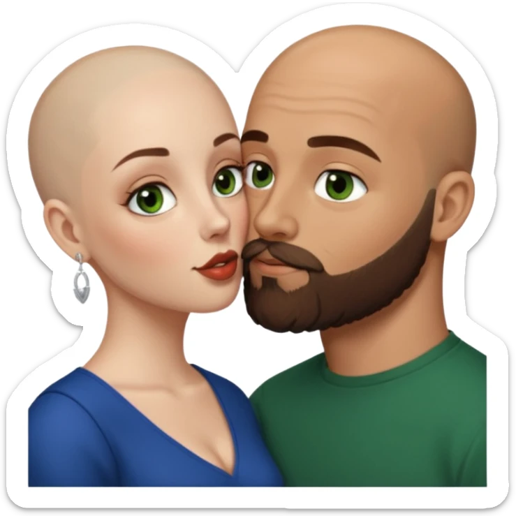 Man beard bald white dark green eyes, woman medium hair brown brown eyed latina kissing sticker