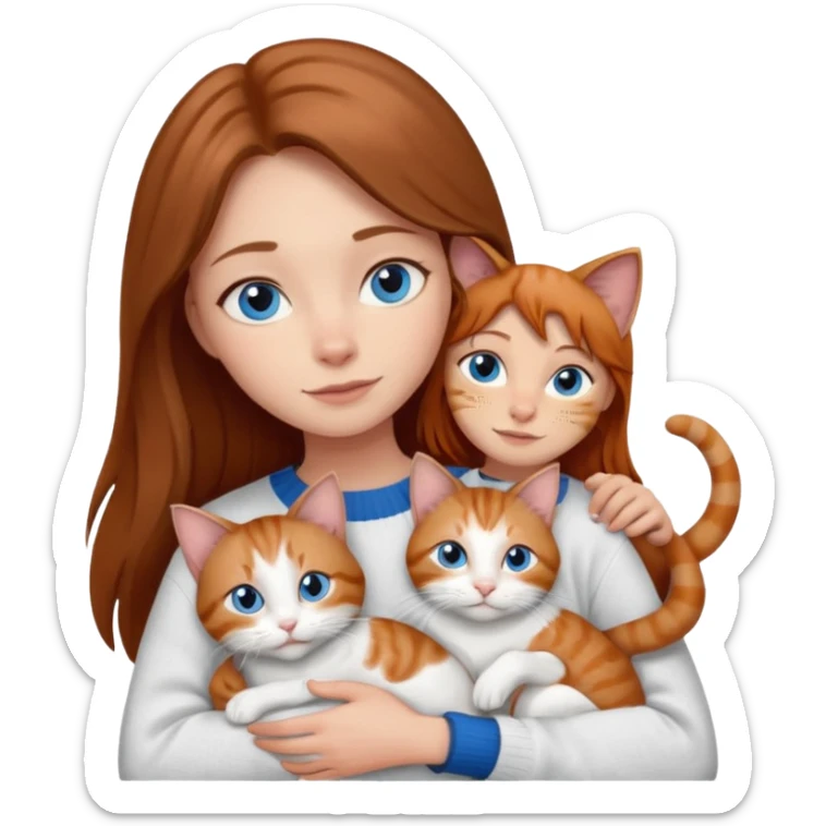 a girl with long brown hair, with blue eyes, in a
white sweater, hugs 3 cats a brown tabby and white, a ginger and white and a grey and white sticker