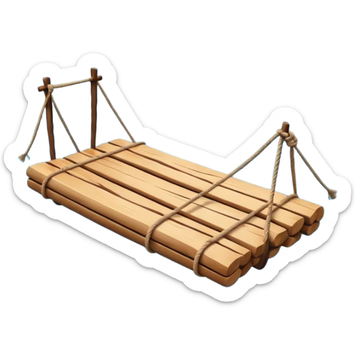 showing a simple wooden raft floating on calm blue water — made of several brown logs tied together with rope — gentle ripples around it — bright, cheerful lighting and soft shadows — minimalist, clean emoji design sticker