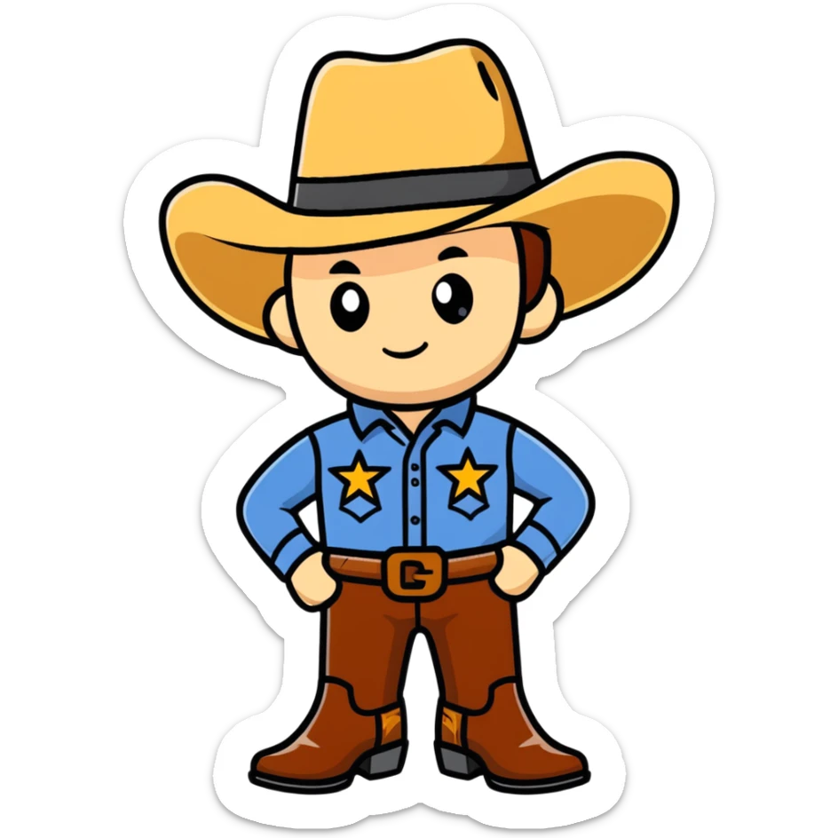 Cowboy with a star on his shirt, wearing a cowboy hat and boots sticker