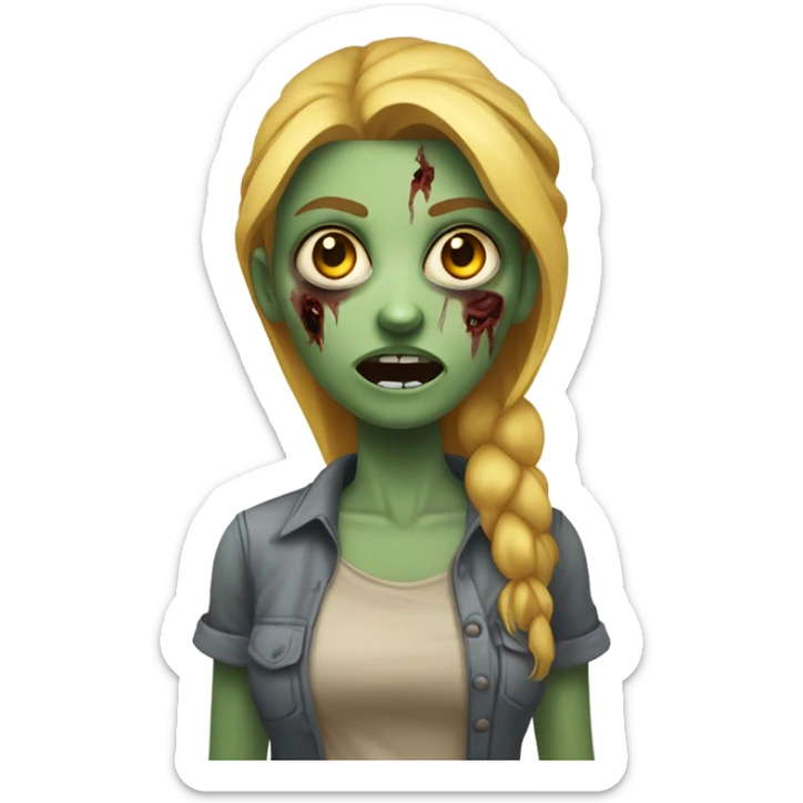“Female zombie with greenish-gray skin, large yellow eyes, open mouth, and an exposed wound on the left cheek. Red-tinged blonde hair and a neutral-toned shirt.” sticker