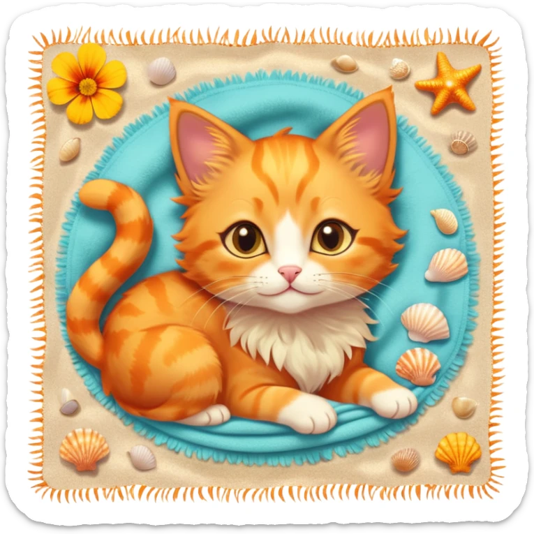 A fiery orange kitten with sun-kissed fur, wearing a tiny flower crown made of marigolds, lounging on a warm beach towel, surrounded by seashells, golden sparkles, and glowing summer sun. sticker