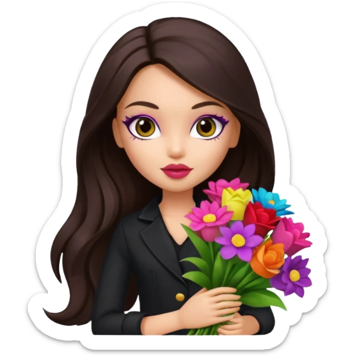  pretty bratz doll with makeup with dark top, long dark brown hair holding big bouquet of flowers  sticker