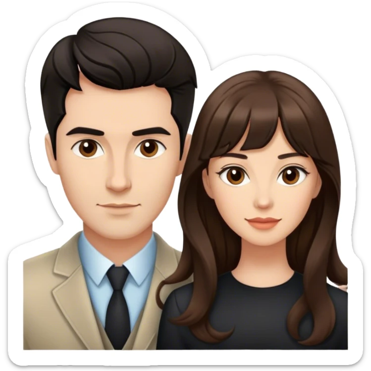 Quiero una pareja de 30 años muy guapos. La chica con pelo largo castaño y rizado pero con el flequillo liso. El chico con el pelo corto, liso, negro y con un poco tupe , piel blanca y sin barba sticker