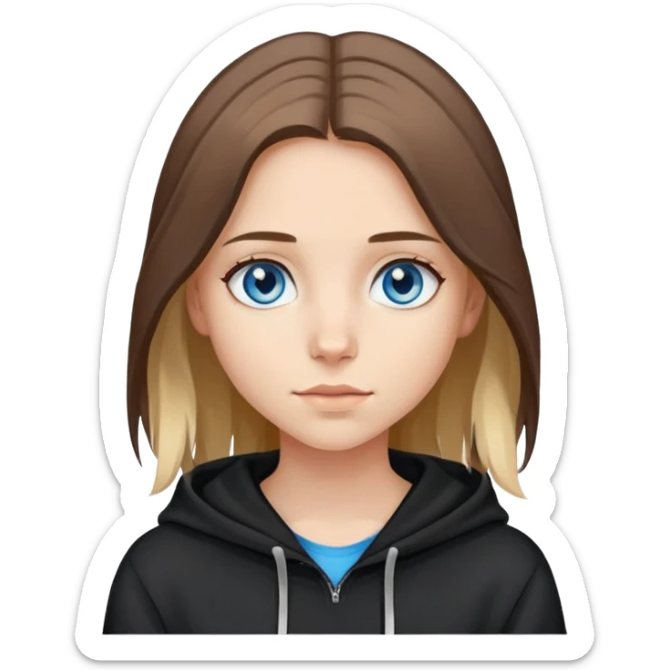 girl with blue eyes, shoulder-length brown hair with light blonde streaks, wearing a black hoodie sticker