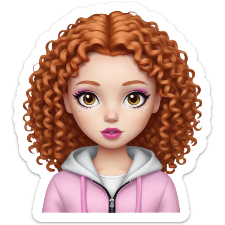 pretty bratz girl, ginger curly hair, freckles, dark brown eyes, pink lips, black eyeliner, pale skin, cute girly clothes sticker