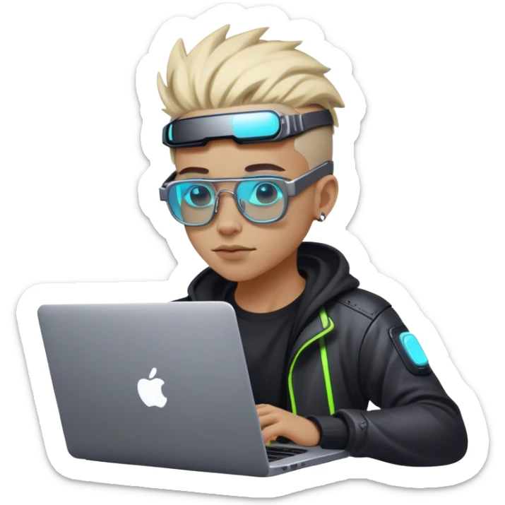 An emoji of a person with a laptop, but wearing cyberpunk glasses and with a slight neon glow sticker