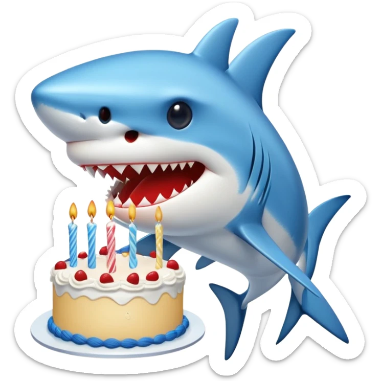 blue shark with puckered lips directly kissing a birthday cake, clear kissing action sticker