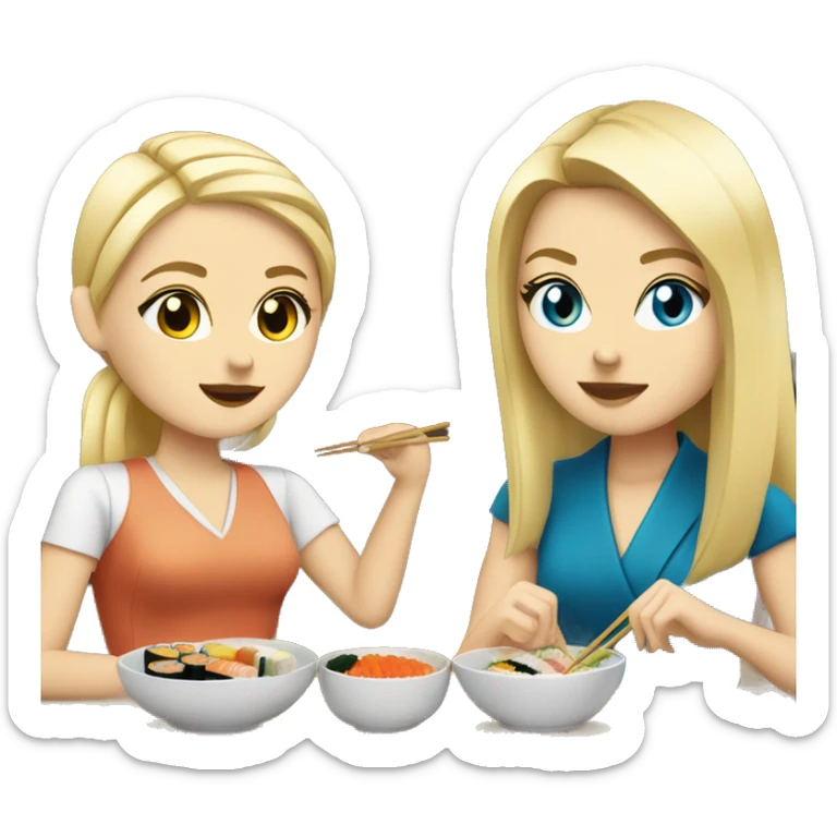 Blonde white girl with blue eyes eating sushi with brunette friend sitting in a table sticker