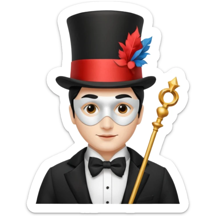 A french man with magician hat,half 🎭 mask on his head, white skin tone sticker