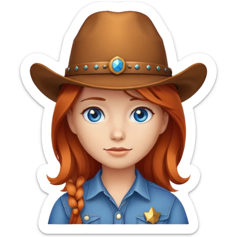 Crea un emoji de una cara DE UNA chica con sombrero de vaquero cabell cobrizo y ojos azules sticker