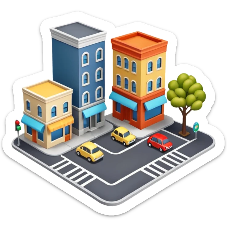 mini diorama of a classic city street corner with small buildings and road sticker