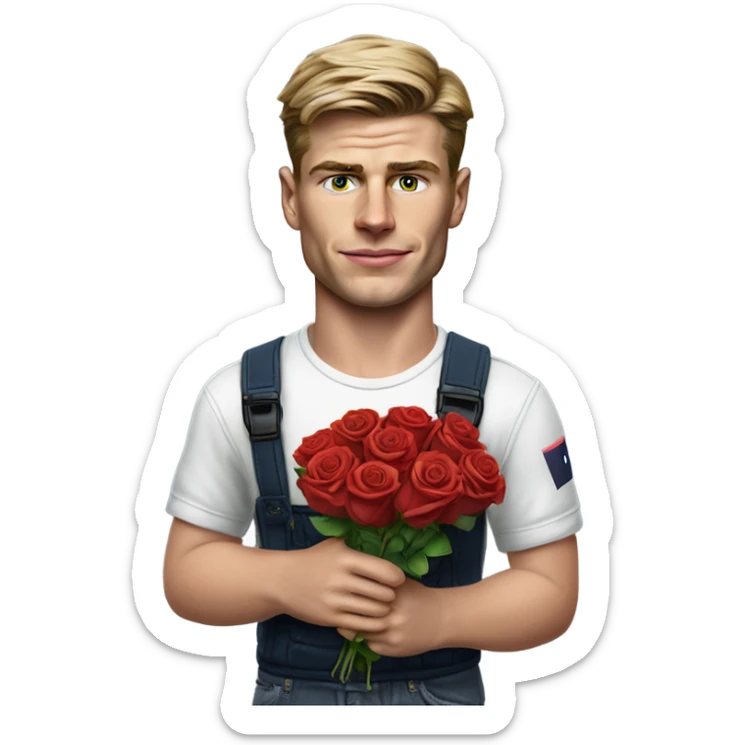 realistic photo of max verstappen in normal clothes holding roses and chocolates sticker