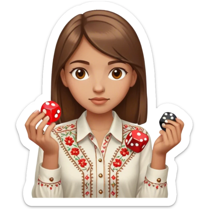 A Ukrainian girl with brown hair in an embroidered shirt holds a dice in her hand sticker