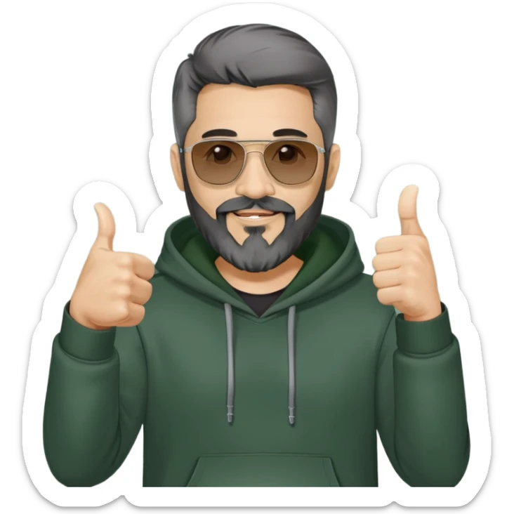 Latino man in his early 40s, with full beard not too long with gray hairs in the goatee, black hair, wearing a dark gray hoodie and dark green sunglasses, he is giving a thumbs up sign sticker