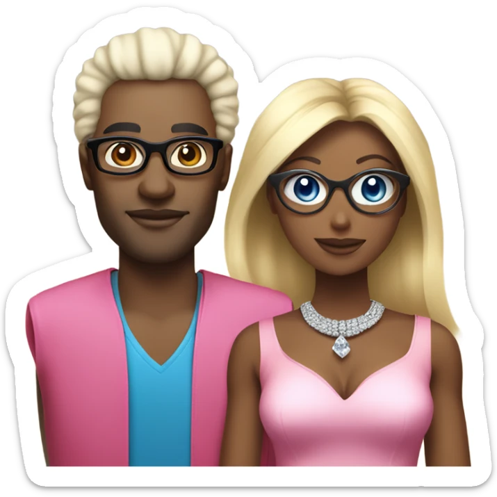 black man with black afro and glasses and wearing a red shirt next to a blonde white woman with blue eyes wearing a pink dress and a big diamond necklace sticker