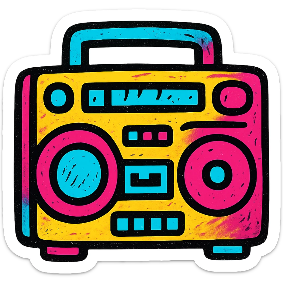 A boombox in Pop Colors style, with a graffiti-inspired design, urban vibe, spray-paint textures, and bright, contrasting colors sticker
