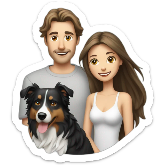 white family group of two consisting of man in hat and woman with long hair in ponytail and small border collie dog sticker