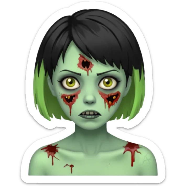 Uma zumbi de pele verde cabelo chanel todo preto bagunçado sticker