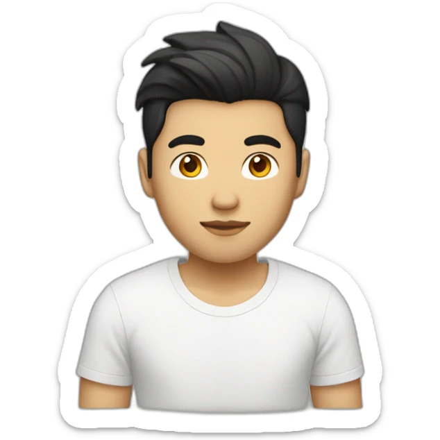 asian guy with blond hair and black hair roots, white tee shirt with fox logo sticker