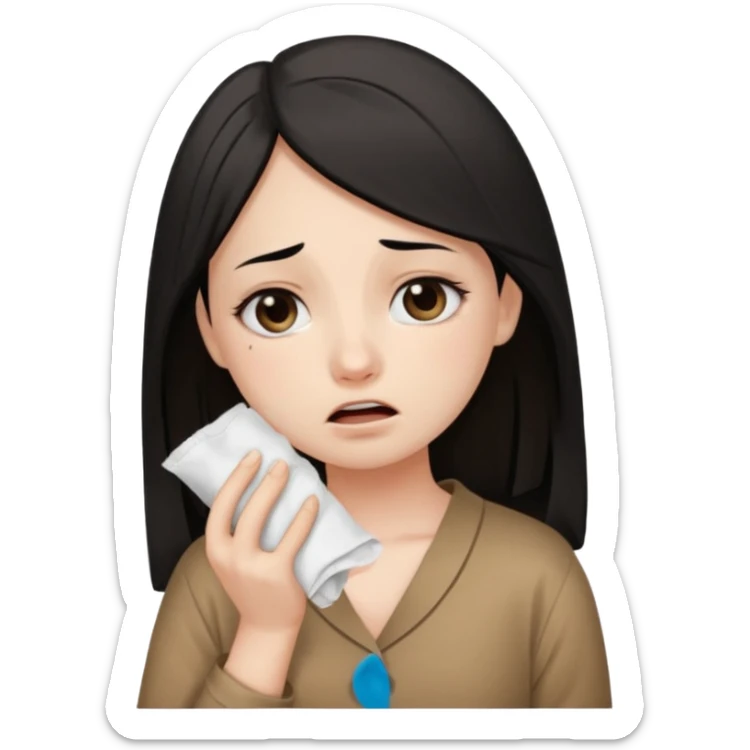 a pretty bratz fair girl wearing a brown pajamas, dark circles, crying, holding tissues. black hair sticker
