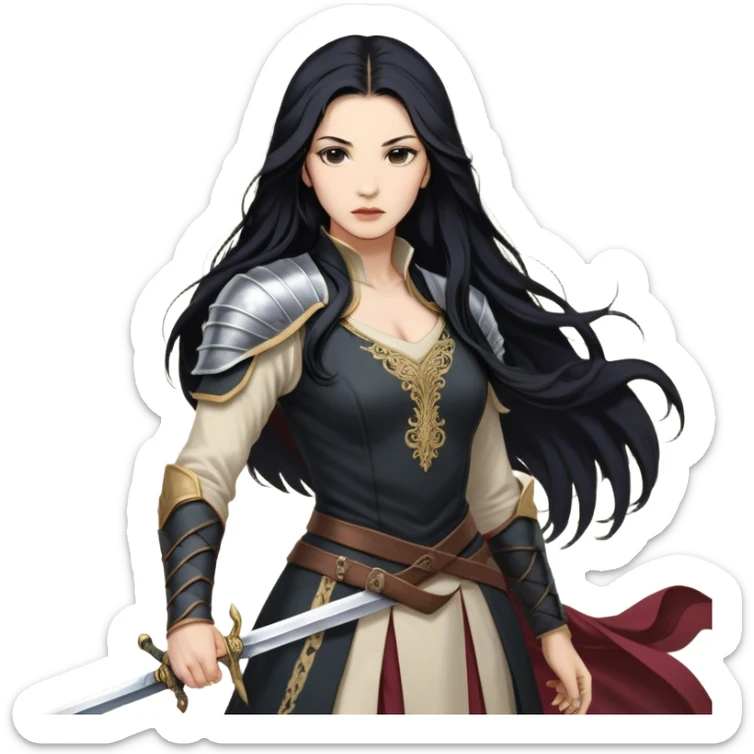 Cinematic Realistic Mulan Portrait, depicted with lifelike skin texture, soft natural lighting, and intricately detailed long black hair styled elegantly. Her deep, expressive eyes exude determination and grace, complemented by a serene yet confident expression. She stands with one hand resting on the hilt of her sword, the other by her side, exuding strength and poise. She is dressed in her classic attire, with rich fabric textures and delicate folds that catch the light beautifully. The portrait features a soft, enchanting glow with a natural, radiant finish, capturing the essence of timeless strength and beauty in a realistic and painterly style, evoking a sense of depth and authenticity. sticker