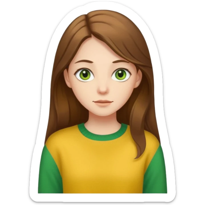 please create an emoji of a semi pale girl with long brown hair, green eyes, wearing a yellow sweater sticker