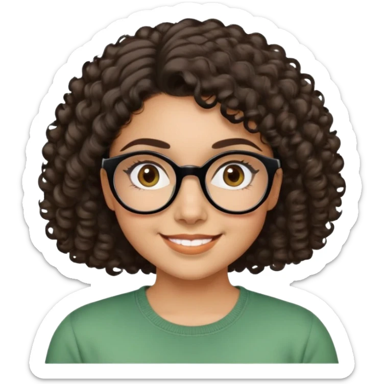 Young Latina woman with light brown skin. Round friendly face. Dark brown eyes with black-framed glasses. Thick arched eyebrows. Short voluminous curly hair. Big smile showing dimples. Wearing a green casual top. sticker