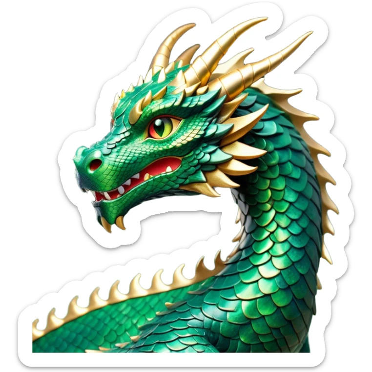 Cinematic Noble Dragon Portrait Emoji, Poised and majestic, with a sinuous, elongated body covered in intricately detailed, shimmering scales in hues of emerald and gold, and piercing, fiery eyes that reflect ancient wisdom; rendered with lifelike texture and natural highlights, high shine, intelligent and formidable, styled with an aura of mythic power, focused and attentive, soft glowing outline, capturing the essence of a legendary dragon that appears ready to soar out of the screen with timeless authority! sticker
