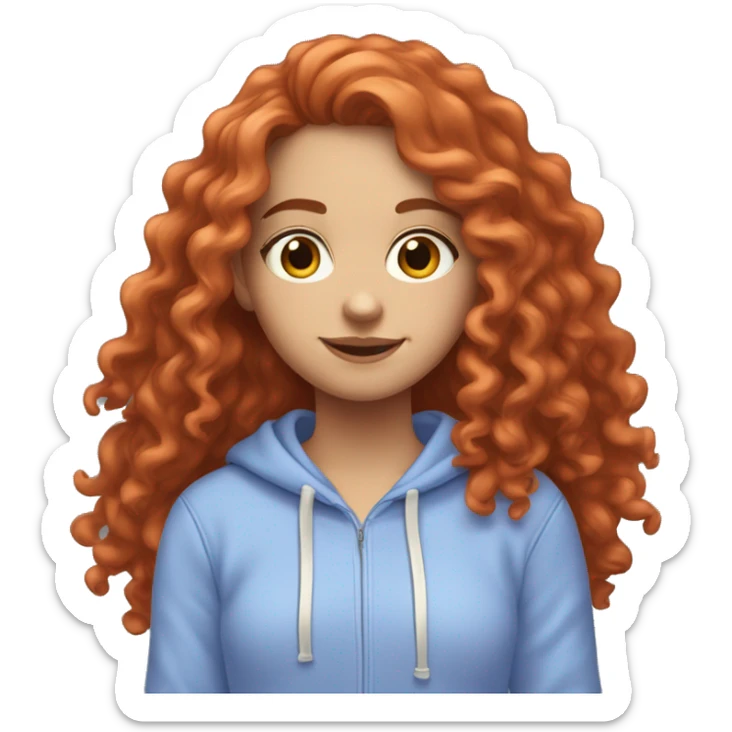 a white girl with long red curly hair, wearing a pastel periwinkle hoodie doing a pose sticker