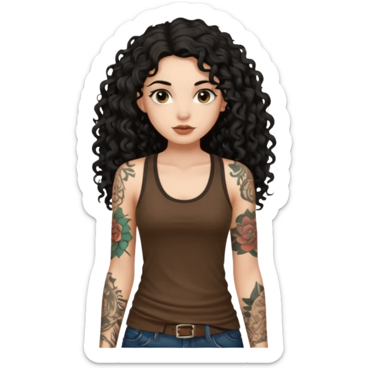 a pretty bratz fair girl with black long curly hair in a brown tank top with tattoos sticker