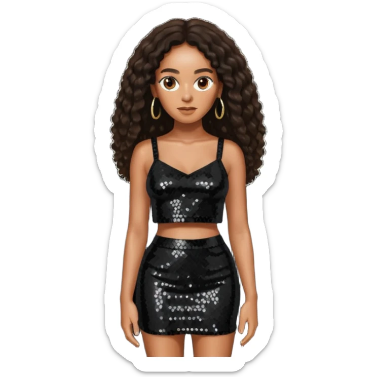 Solange with dark brown long hair, black sequin crop top and skirt sticker