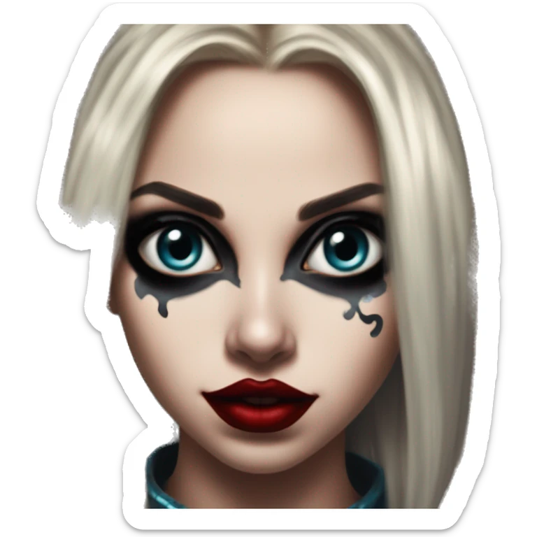 Rockstar Jasmine in Harley Quinn style, oil paint, mysterious eyes, intricate lips, masterpiece portrait, odd perspective, beautiful, desirable, logical sticker